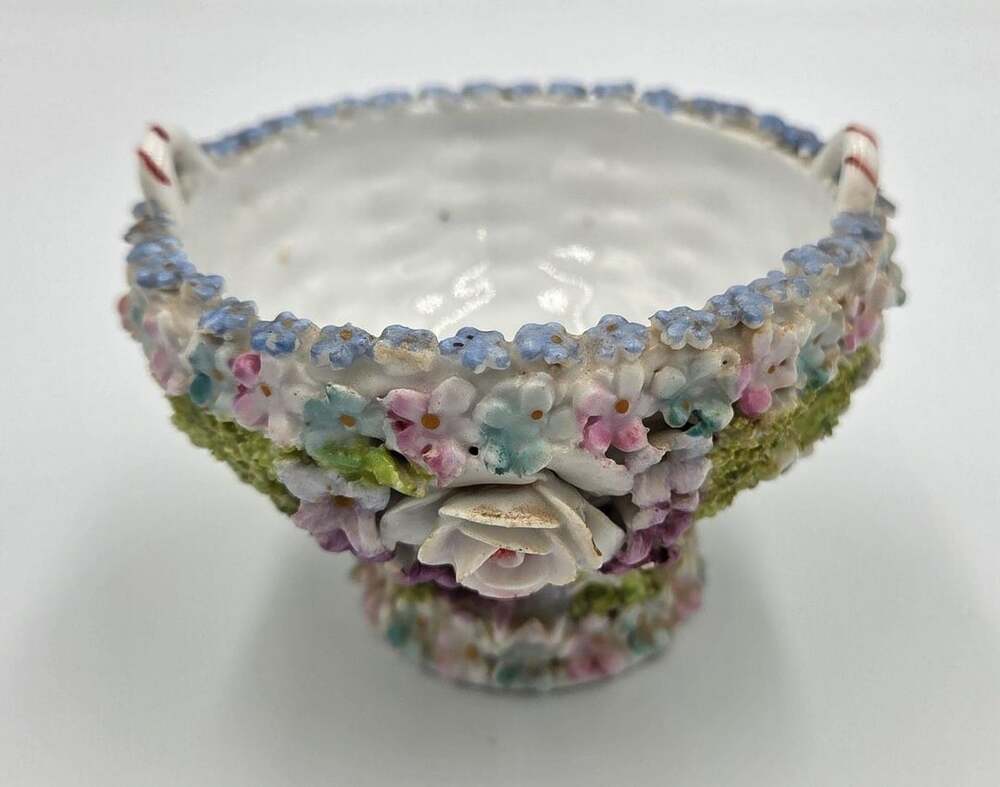 Vintage German Elfinware Porcelain Mini Basket with Applied Flowers and Moss